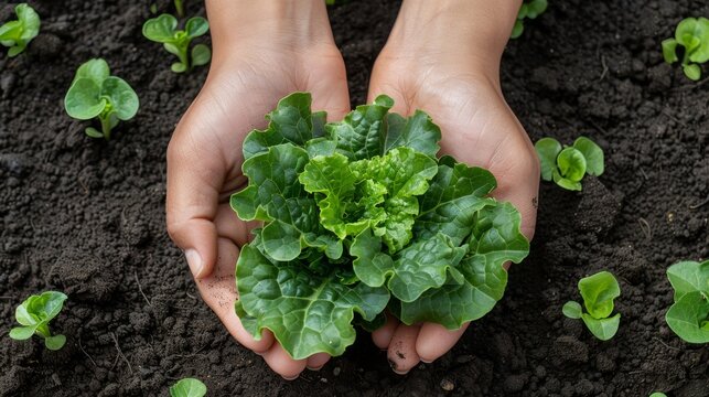 From above, big green lettuce in hands on loose soft soil