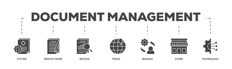 Document management icons process structure web banner illustration of system, reduce paper, receive, track, manage, store, cloud and technology icon live stroke and easy to edit 