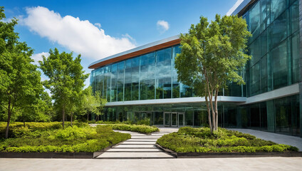 Architecture image with a modern glass building with a lot of green plants trees and bushes for...