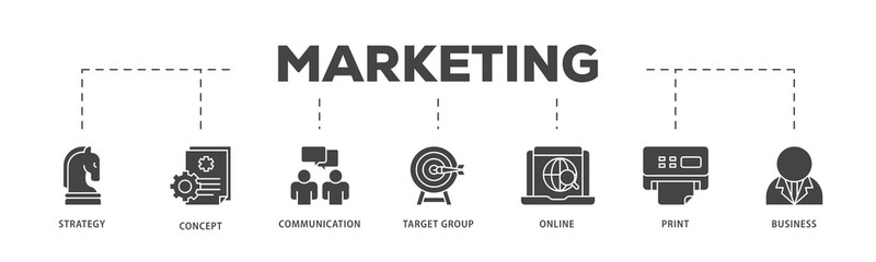 Marketing mix icons process structure web banner illustration of product, price, place, and promotion icon live stroke and easy to edit 