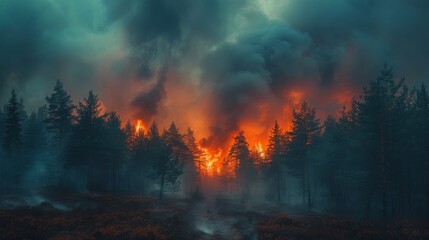 Evening forest scene with cloudy sky and fire smoke