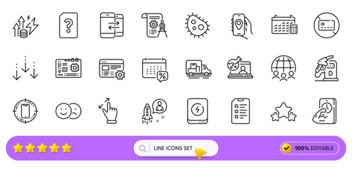Checklist, Diesel station and Energy inflation line icons for web app. Pack of Stars, Bacteria, No card pictogram icons. Touchscreen gesture, Fitness, Unknown file signs. Motherboard. Vector