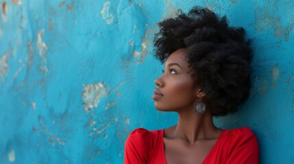 Elegant African American woman in a vibrant red dress against a blue textured wall
