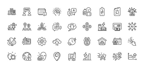 Ab testing, Engineering plan and T-shirt line icons pack. AI, Question and Answer, Map pin icons. Calendar, Cloud upload, Atm web icon. Fake information, Storage, Brush pictogram. Vector