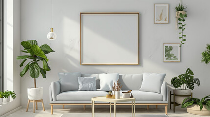 Fototapeta na wymiarFrame mockup, ISO A paper size. Living room wall poster mockup. Interior mockup with house background. Modern interior design. 3D render