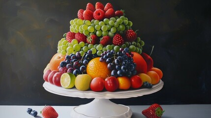 A stack of colorful fruit arranged on a white platter, enticing with their fresh and juicy appearance.