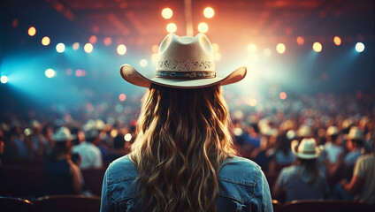 Fototapeta premium Back view of a young american woman fan of country music attending a country music concert wearing a cowboy hat and copy space