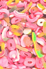 Assorted gummy candies. Top view. Jelly  sweets.