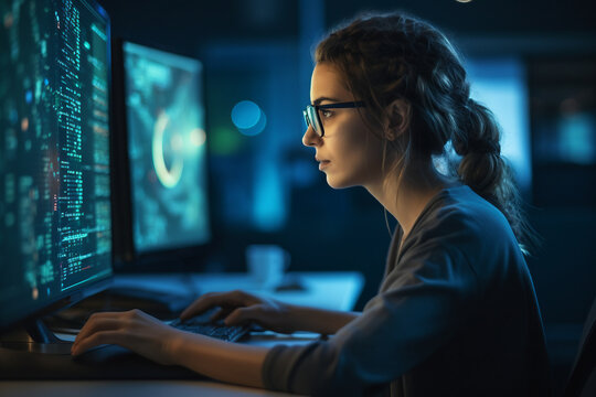Hard working person in modern interior office programming writing web java script code AI technology generation