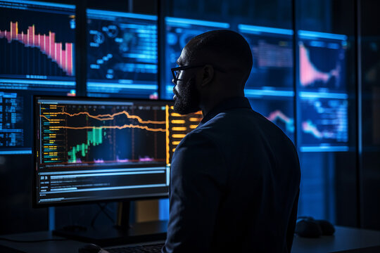 Hard working person in modern interior office programming writing web java script code AI technology generation