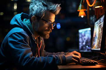 Obraz premium Office IT specialist worker system administrator hacker engineer picture portrait made with Generation AI technology