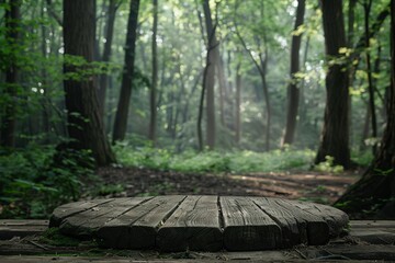 Simple wooden platform in a quiet misty forest creating an enchanting atmosphere for mystical product unveils