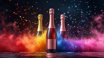 three bottles of champagne with an empty label on a festive background with confetti and colored smoke