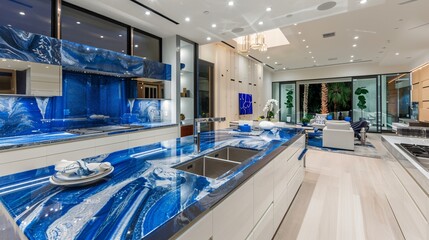 Sleek modern kitchen with sapphire blue marble countertops where culinary dreams come alive in a stylish setting - obrazy, fototapety, plakaty