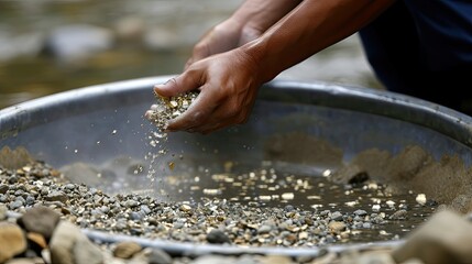 The gold miner's tools laid out beside him as he works the river sand.