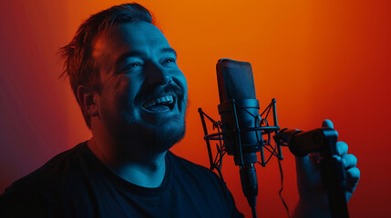 Happy man singing in professional microphone. Studio shot, empty orange background. Musical hobby. 