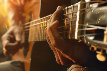 A musician's fingers strumming guitar strings - obrazy, fototapety, plakaty