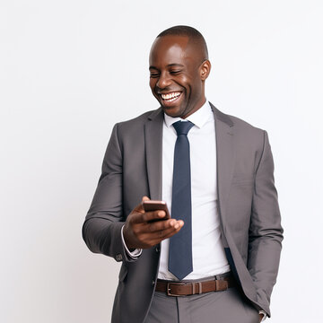 Capturing the joy of a smiling African American businessman with a cell phone. Ai generated