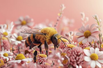 Adorable 3D bee collecting honey on a floral pink background, busy at its sweet task.