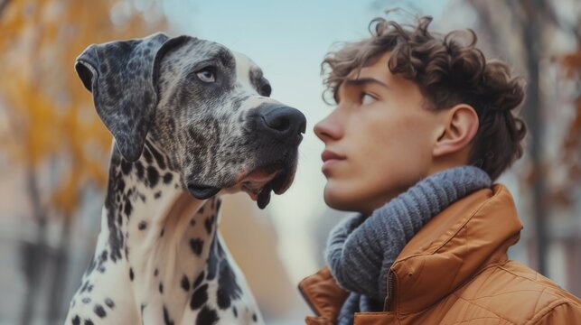 Young man bonding with a majestic Harlequin Great Dane outdoors