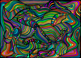 Funky motley abstract lines art pattern, rainbow multicolor color. Waves crazy summer psychedelic stylish card.