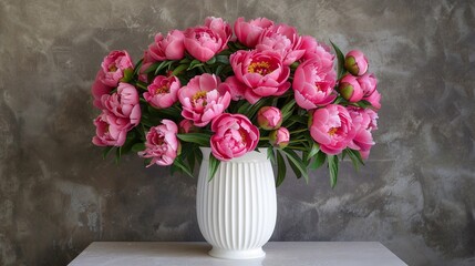A striking arrangement of vibrant pink peonies showcased in a pristine white vase, capturing the essence of springtime beauty.