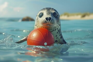 An adventurous 3D seal plays with a beach ball in a crystal water setting, demonstrating impressive tricks. - obrazy, fototapety, plakaty