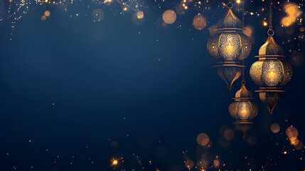 Fototapeta premium ramadan islamic greeting card of crescent moon decoration and lanterns with copy space area banner
