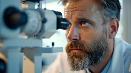 Focused male scientist using a microscope in a laboratory setting - obrazy, fototapety, plakaty