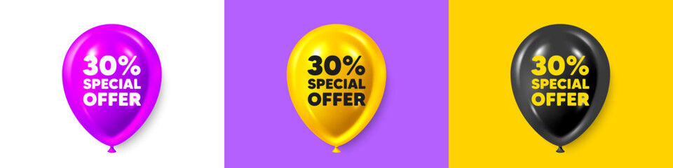 Birthday balloons 3d icons. 30 percent discount offer tag. Sale price promo sign. Special offer symbol. Discount text message. Party balloon banners with text. Birthday or sale ballon. Vector