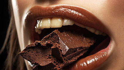 the mouth of a woman biting chocolate. - obrazy, fototapety, plakaty