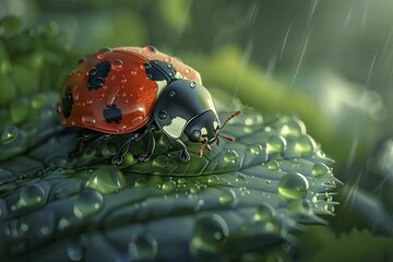Obraz premium A delightful 3D ladybug rests on a dew-kissed leaf in the morning light against a green backdrop, beginning the day.