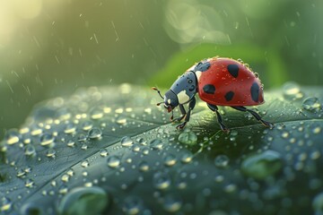 Obraz premium A charming 3D ladybug rests on a dew-kissed leaf against a morning green backdrop, beginning the day beautifully.