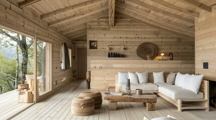 Fototapeta na wymiar Sustainable wooden display in an off grid cabin emphasizing eco friendly products in a minimalist lifestyle