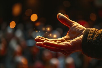 Close up of a hand performing a magic trick, with a blurred audience in the background to add intrigue. - obrazy, fototapety, plakaty