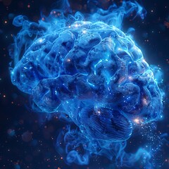 a blue human brain with light shining out of it,, in the style of photorealistic detail, shaped canvas. Generative AI