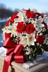 A bouquet of red roses and white lilies placed on a table