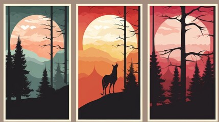 Three Paintings of Trees and a Deer