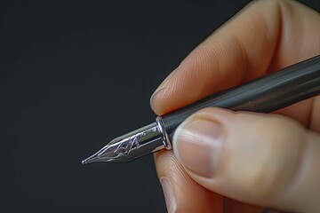 A pen held in close-up against a blurred background signifies themes of authorship or contracts. - obrazy, fototapety, plakaty