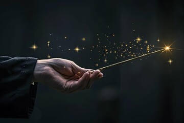 Magician's hand holding a wand against a mysterious dark backdrop, creating an aura of enchantment.