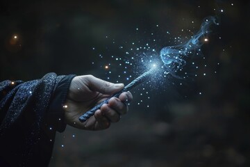 A magician's hand, holding a magic wand, is in close-up against a blurred solid dark background, creating an air of mystery. - obrazy, fototapety, plakaty