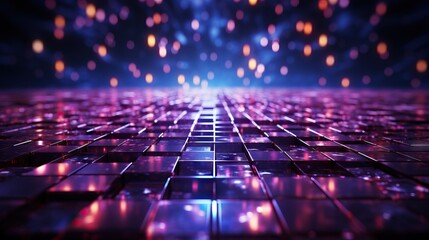 A futuristic purple glass grid glowing with ambient bokeh lights in a dark setting - obrazy, fototapety, plakaty