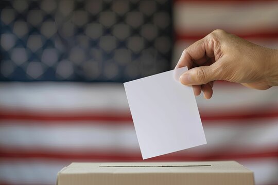 Hand casting a vote with a patriotic background symbolizes democracy up close.