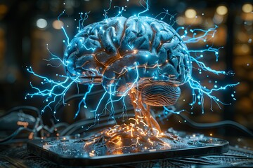 electrical and cellular wiring and circuit diagram of the brain, in the style of dark sky-blue, hyper-realistic atmospheres. Generative AI