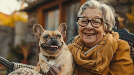Joyful senior woman in eyeglasses embracing a happy French Bulldog outdoors