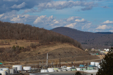 Bradford Pennsylvania USA March 5 2024; town of Bradford oil refinery early spring residential buildings from a high vetige point