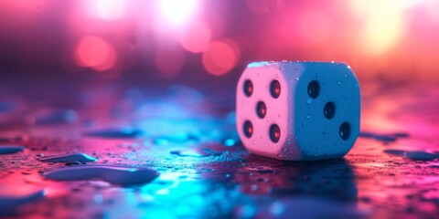 A single dice with condensation set against a neon-lit backdrop - obrazy, fototapety, plakaty