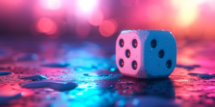 A single dice with condensation set against a neon-lit backdrop