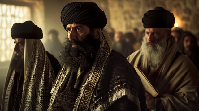 Illustration of ancient Jewish Pharisees during the period of Jesus Christ, known for their strict interpretation of religious law and their dedication to the study of scripture.