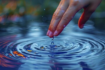 Fingertips touching a water surface, creating ripples, against a blurred blue background.